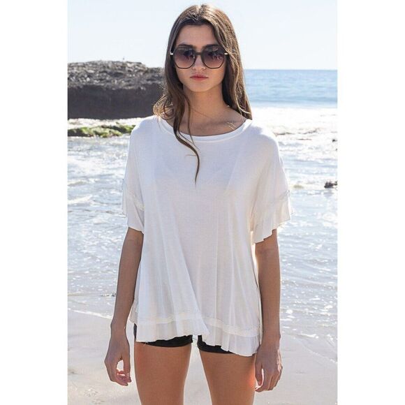 POL Tops - POL CLOTHING White Flowy Peek a Boo Back Tee Shirt Ruffle Summer Spring RCT763